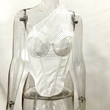 X00071S 2021 hot selling sexy one-shoulder see-through net yarn splicing with breast and slim fishbone T-shirt for women