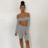 sexy off shoulder tracksuit high street solid top and biker shorts two piece set women fitness sport suit