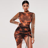 Fashion irregular hot sale women jumpsuits sexy tie-dye gauze perspective dress long sleeve top and mini skirt