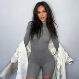 Solid Casual Workout Sporty Rompers Womens Jumpsuit Fashion Long Sleeve Active Wear Bodycon Slim Biker Shorts Playsuits