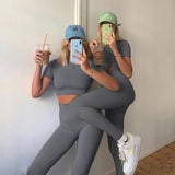 Sport Outfits Women Short Sleeve T Shirt Package Hip Leggings Two Piece yoga suit Workout Gym Fitness Sets Clothing