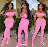 2 Two Piece Set Women Crop Top And Stacked Ruched Split Hem Flare Pants Sexy Tracksuit