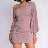 Brand new woman puff sleeve drawstring one shoulder wear women sexy dress night club