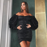 2020 long puff sleeve satin pleated sexy mini dress club autumn spring women party elegant dresses streetwear outfit