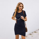 Hot selling summer plain color round neck short sleeve ruched mini slim sexy irregular dress vestidos mujer dresses