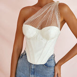 X00071S 2021 hot selling sexy one-shoulder see-through net yarn splicing with breast and slim fishbone T-shirt for women