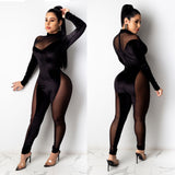 Mesh Velvet Patchwork Skinny Rompers Womens Jumpsuit Hot Sexy See Through Midnight Club Bodycon Wild Bodystocking Black