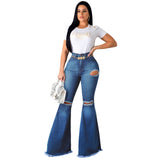 X00713S Nostalgic high-waisted retro stretch lift hip tear tear personality wide leg bell-bottom jeans mop the floor pants