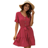 Brand new v neck button polka dot short sleeve casual+dresses women lady elegant casual vestidos mujer dresses