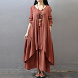 2019 New Loose Long Dress Casual Solid Long Sleeve Boho Maxi Linen Dress Women Solid Color Plus Size 5XL