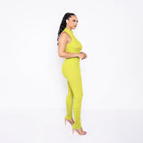 Phoenix solid color sleeveless suit high collar zipper back open slim jumpsuit pleated casual one-piece trousers