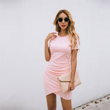 2020 solid color round neck short sleeve ruched summer ropa de mujer irregular mini dress