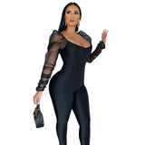 threaded jumpsuits slim long sleeve jumpsuit Bubble shoulder sleeve mesh patchwork jumpsuit