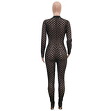 2020 new style autumn hot sale Sexy hollowed-out black lace eyelet long-sleeve zipper one-piece trousers