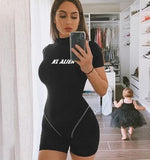 Women fitness playsuits turtleneck zipper fly letter print patchwork bodysuit sport skinny biker short jumpsuit outfits