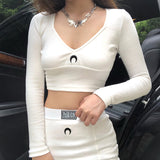 X00142L New autumn/winter 2021 women's wear+V-neck long sleeves belted waist stylish moon embroidered skirt suit