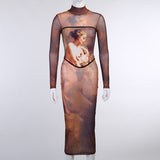 Aesthetic Print Mesh Corset Bodycon Maxi Dresses Long Sleeve Women Sexy Hot See Through Clubwear Party Dress Brown Fall