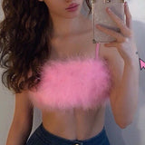 X00502C Fashion Sexy Spaghetti Straps Pink Feather Crop Top 2021 Women Camisole Sleeveless Tops Party Club Streetwear Camis