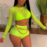 X00074L Sexy gauze see-through women two-pieces sets long sleeve backless crop top and hot pants solid color fashion club suits