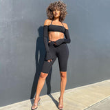 sexy off shoulder tracksuit high street solid top and biker shorts two piece set women fitness sport suit