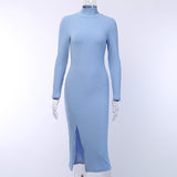 Sexy Knee-Length Party Dresses Cotton Ribbed Knitted Turtleneck Solid Split Long Sleeve Autumn Mock Neck Elegan