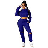 2021 New hooded ripped off-the-shoulder hoodie sexy long-sleeved sports suit casual jogging suit stacks plus size