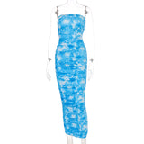 Tie Dye Ruched Strapless Maxi Dresses Women 2020 Summer Fashion Skinny Bodycon Clubwear Sexy Hot Party Dress Wrap Chest