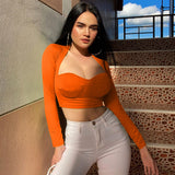 X01114M Hot style Sexy long sleeve crop tops Casual solid color T-shirt V-neck women's tops in stock