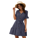 Brand new v neck button polka dot short sleeve casual+dresses women lady elegant casual vestidos mujer dresses