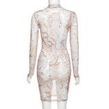 The new 2021 Autumn round neck and long sleeve see-through gauze print and slim figure women's dress