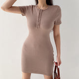 New women's button thread slim sexy short sleeve dress bottom wrap skirt Lowest price good quality