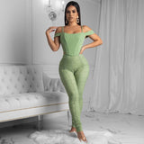 X01936C Women Two Piece Matching Sets Cold Shoulder Top & High Waist Bodycon Pleated Pants Oversize Suits