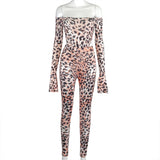 Off-Shoulder Bodysuit Pants Leopard Print Two Piece Set Women Strapless Flare Sleeve Skinny Elastic Sexy Wild Streetwear