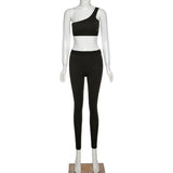 X01246C sporty fitness tracksuit women one shoulder tank+leggings 2 piece elastic sporty skinny active wear casual fashion