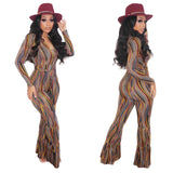 2020 hot style jumpsuit sexy color striped print deep V club wear fashion casual long sleeves trouser suit in stock