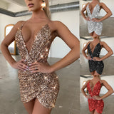 Deep V Neck Sexy Sequin Dress Women Solid Golden Bodycon Dress Elegant Black Club Party Dress