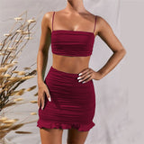 Sexy Tops And Skirts Camisole Pleated Ruffled Bag Hip Wine Red Blue Black White Two Piece Skirt Set Summer Clothing Women