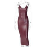 Phoenix autumn Tight slim dresses Hot style irregular neckline Sexy leather halter dress V-neck slim slit MIDI dresses