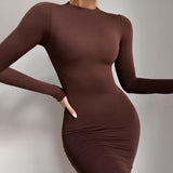 Fashion Casual Brown Midi Dresses Bodycon Elegant Club Party Outfits Stretch Long Sleeve Dress for Women Clothes