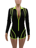 Neon Striped Patchwork Mesh Bodycon Jumpsuit Women Sexy Zipper Long Sleeve Biker Shorts Romper Night Club Playsuit