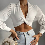 X02077C Turn-Down Collar Shirts Blouses Women Tops 2021 Fall Wrap Shirts Long Sleeve Crop Tops Female White Shirts Clothes