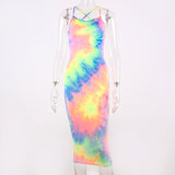 Tie dye slip backless sexy summer dresses women fashion high waist slim party elegant bodycon midi dress