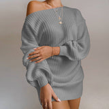 Phoenix Fashion sexy print long sleeve dress+Casual off-the-shoulder lantern sleeve knitted wool dress