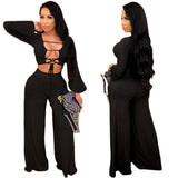 X00796M Phoenix Bell-bottom hot style chest is hollow-out 2piece set long sleeve button sexy casual two-piece set