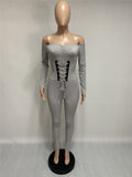 Autumn and winter open-shouldered corns with strapping and threaded jumpsuits slim long sleeve jumpsuit