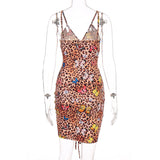 Butterfly Leopard Print Drawstring Mini Dress Women V Neck Sleeveless Clubwear Bodycon Sexy Party Dresses 2020 Summer