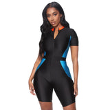 Stitching Skinny Sexy Sports Yoga Jumpsuit Rompers For Women Zip Front Short Sleeve Fashion Fitness Clothing Plus Size 5XL