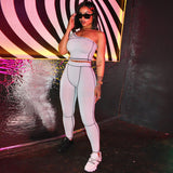 Fitness sport women two piece set one shoulder top leggings striped patchwork 2 pcs black tracksuits