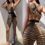 Tiger print long sleeve bandage sexy jumpsuit women streetwear slim outfits club backless fitness Sports Jumpsuits