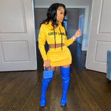 Autumn/winter 2021 new fashion alphabet embroidery hooded long sleeve upper dress and buttocks short suit in stock